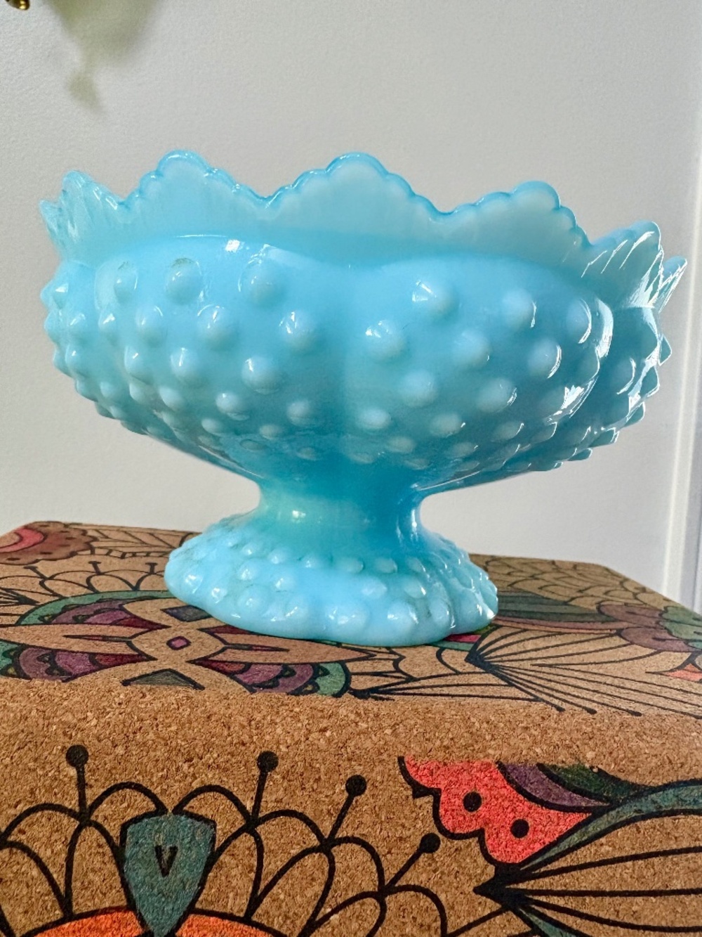 Vintage Fenton Blue Opalescent Hobnail Footed Crown Candle Holder Bowl